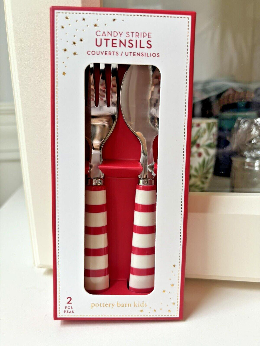 Pottery Barn Christmas Gingerbread PLATE + Candy Cane UTENSIL holiday SET 3 -
