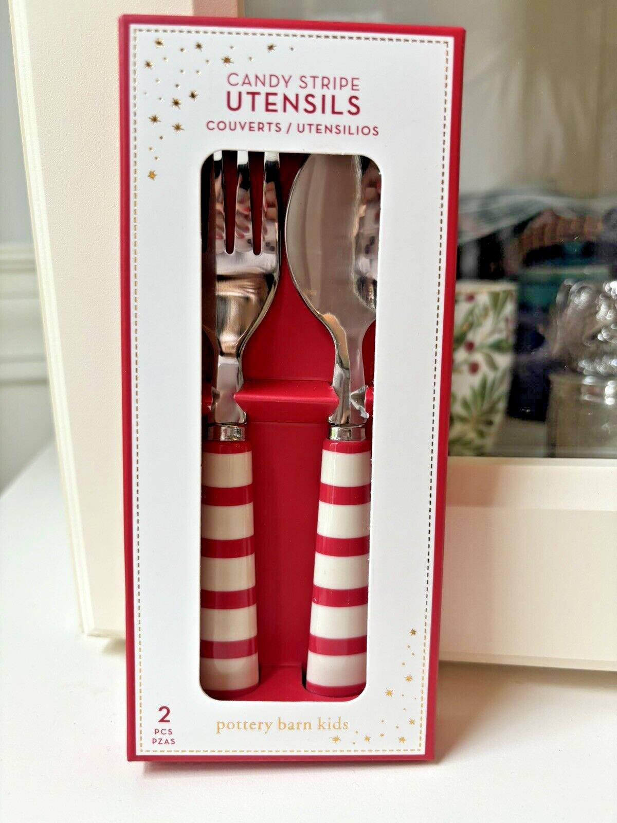 Pottery Barn Christmas Gingerbread PLATE + Candy Cane UTENSIL holiday SET 3 -