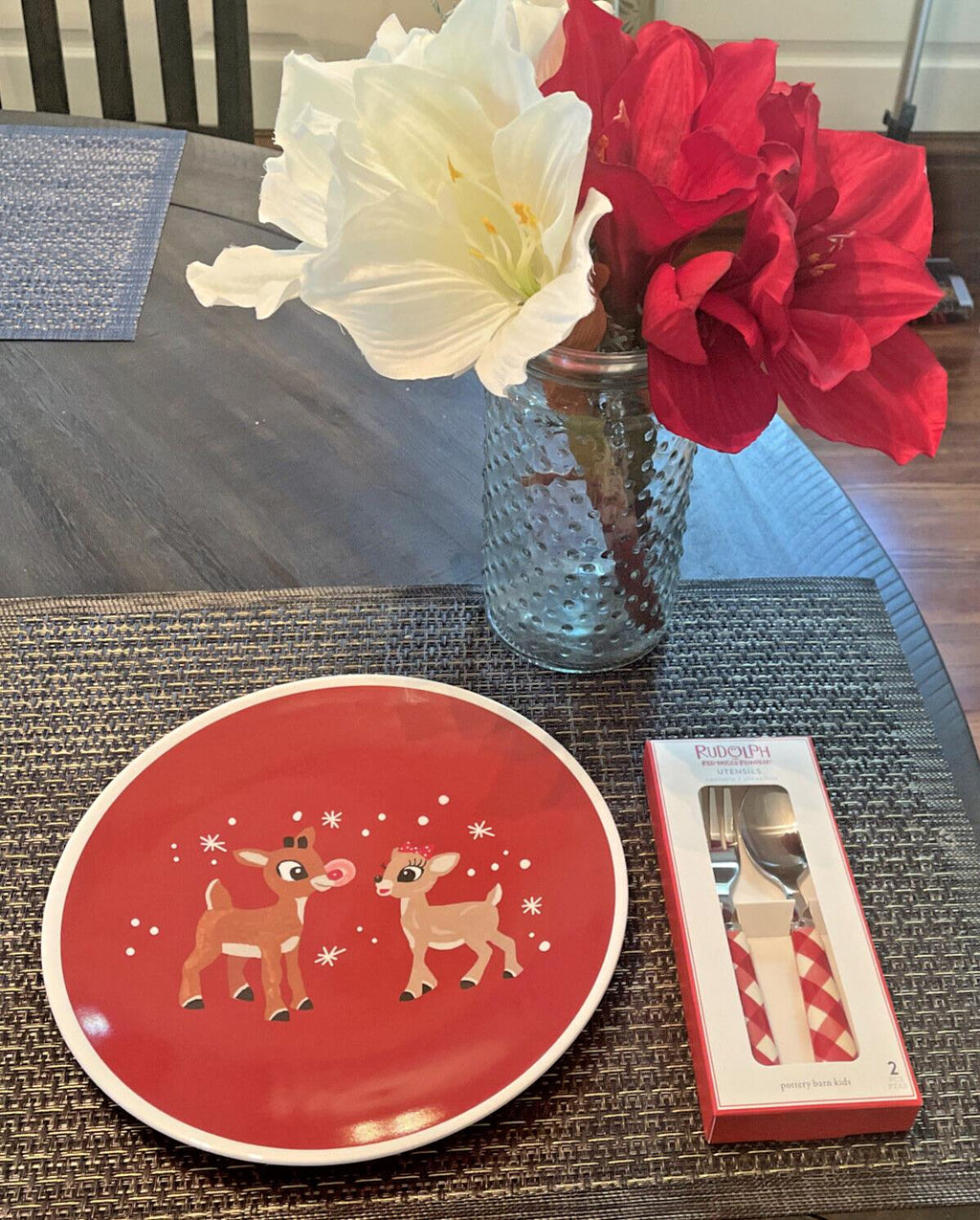 Pottery Barn holiday Rudolph Reindeer Disney Christmas PLATE UTENSIL party kid [