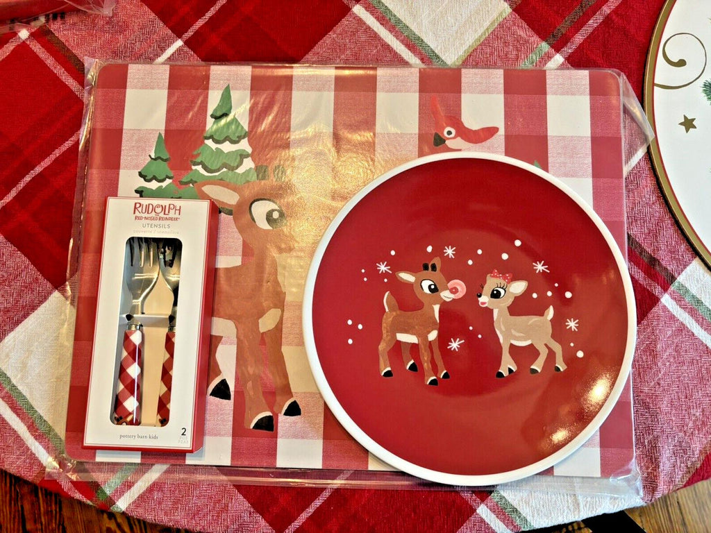 Pottery Barn holiday Rudolph Reindeer Disney Christmas PLATE UTENSIL party kid [