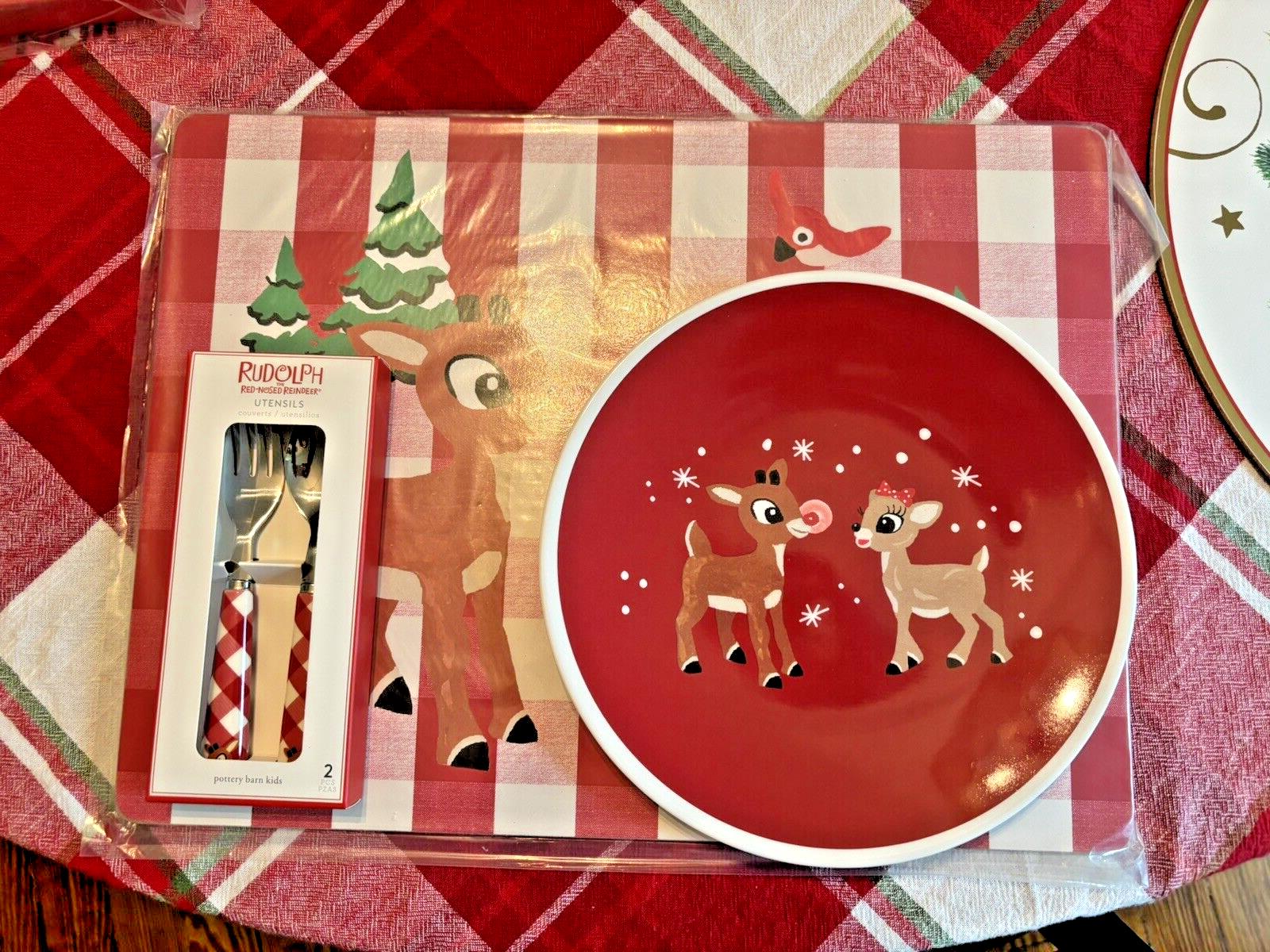 Pottery Barn holiday Rudolph Reindeer Disney Christmas PLATE UTENSIL party kid [