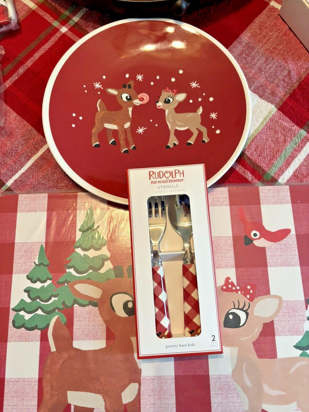 Pottery Barn holiday Rudolph Reindeer Disney Christmas PLATE UTENSIL party kid [