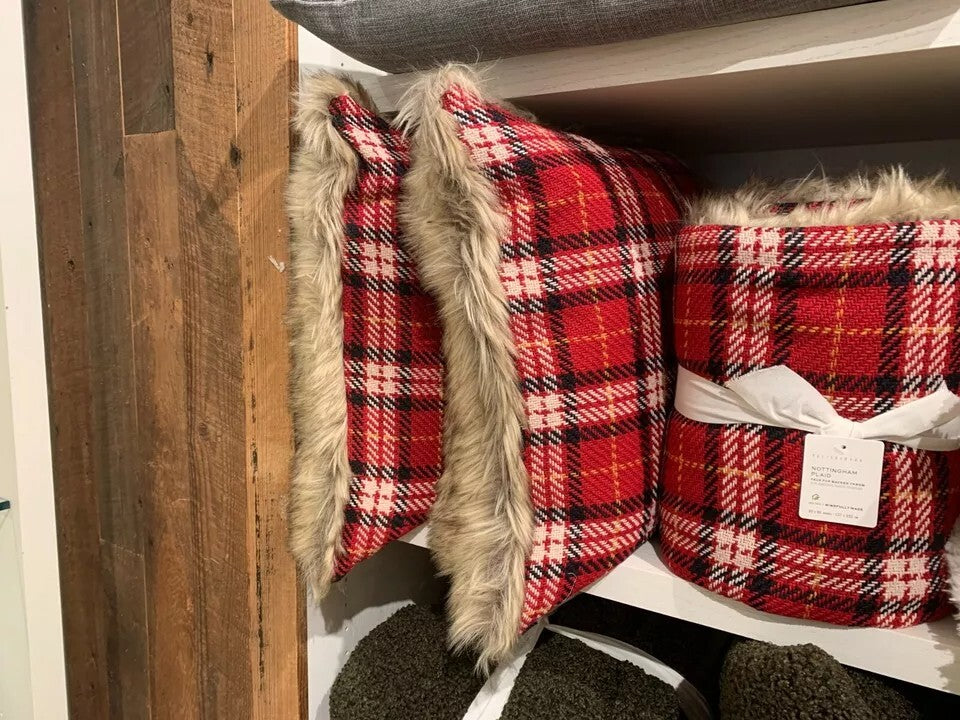 Pottery Barn Christmas pillow Cover Sham plaid red Fur Holiday Gift party mom 1