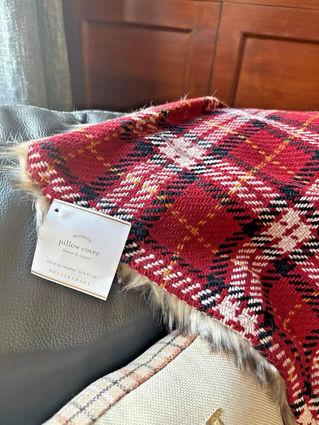 Pottery Barn Christmas pillow Cover Sham plaid red Fur Holiday Gift party mom 1