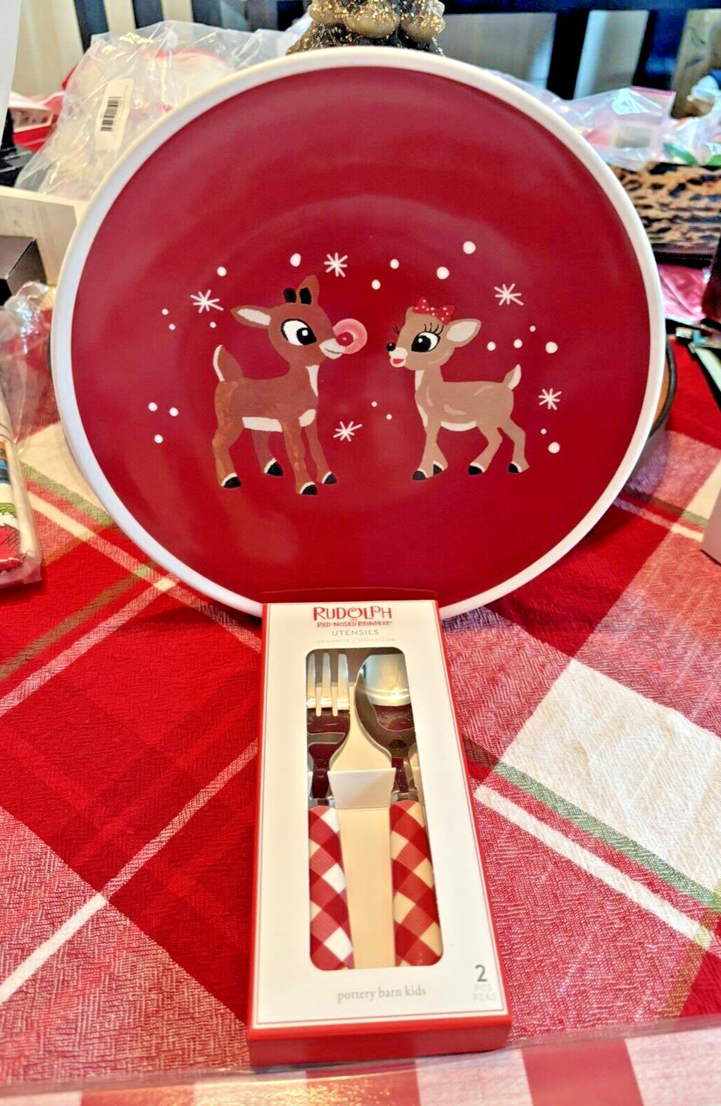 Pottery Barn holiday Rudolph Reindeer Disney Christmas PLATE UTENSIL party kid [