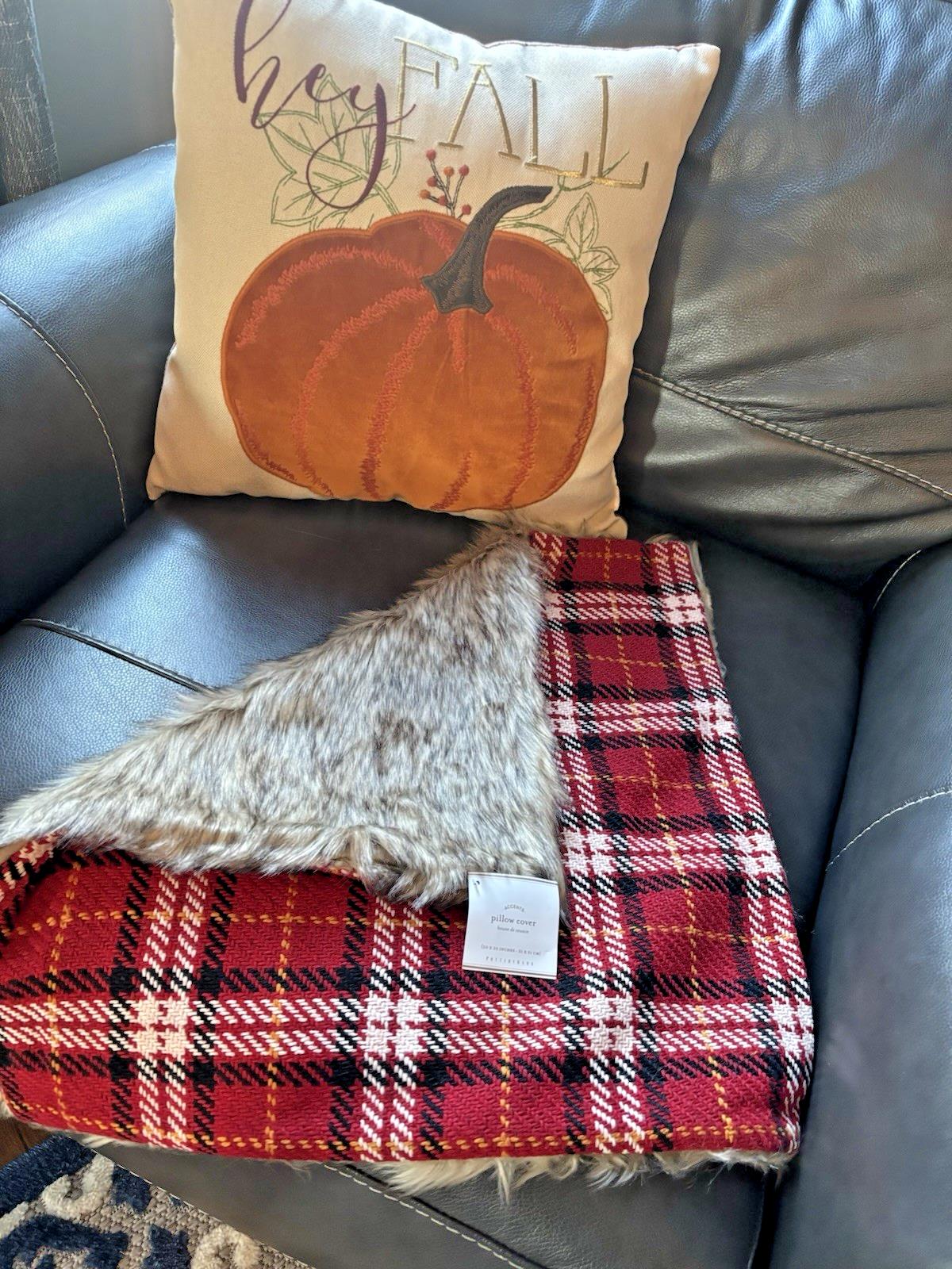 Pottery Barn Christmas pillow Cover Sham plaid red Fur Holiday Gift party mom 1