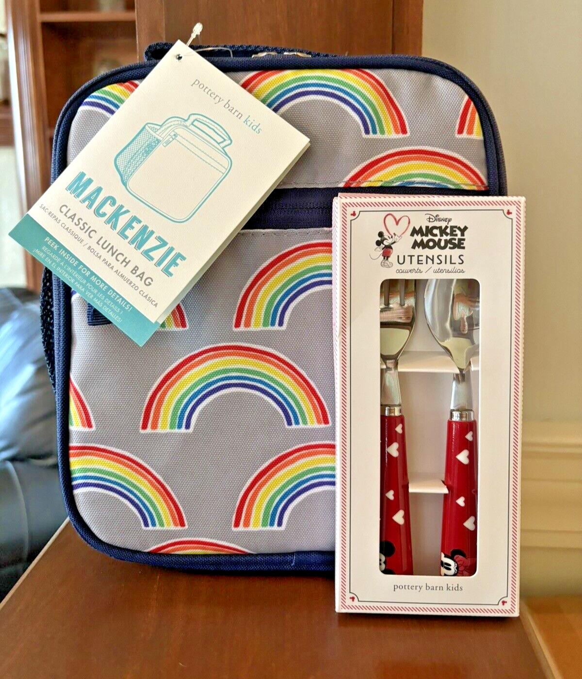 Pottery Barn LUNCH BOX BAG Mickey Mouse school+ Utensil Disney Rainbow party /