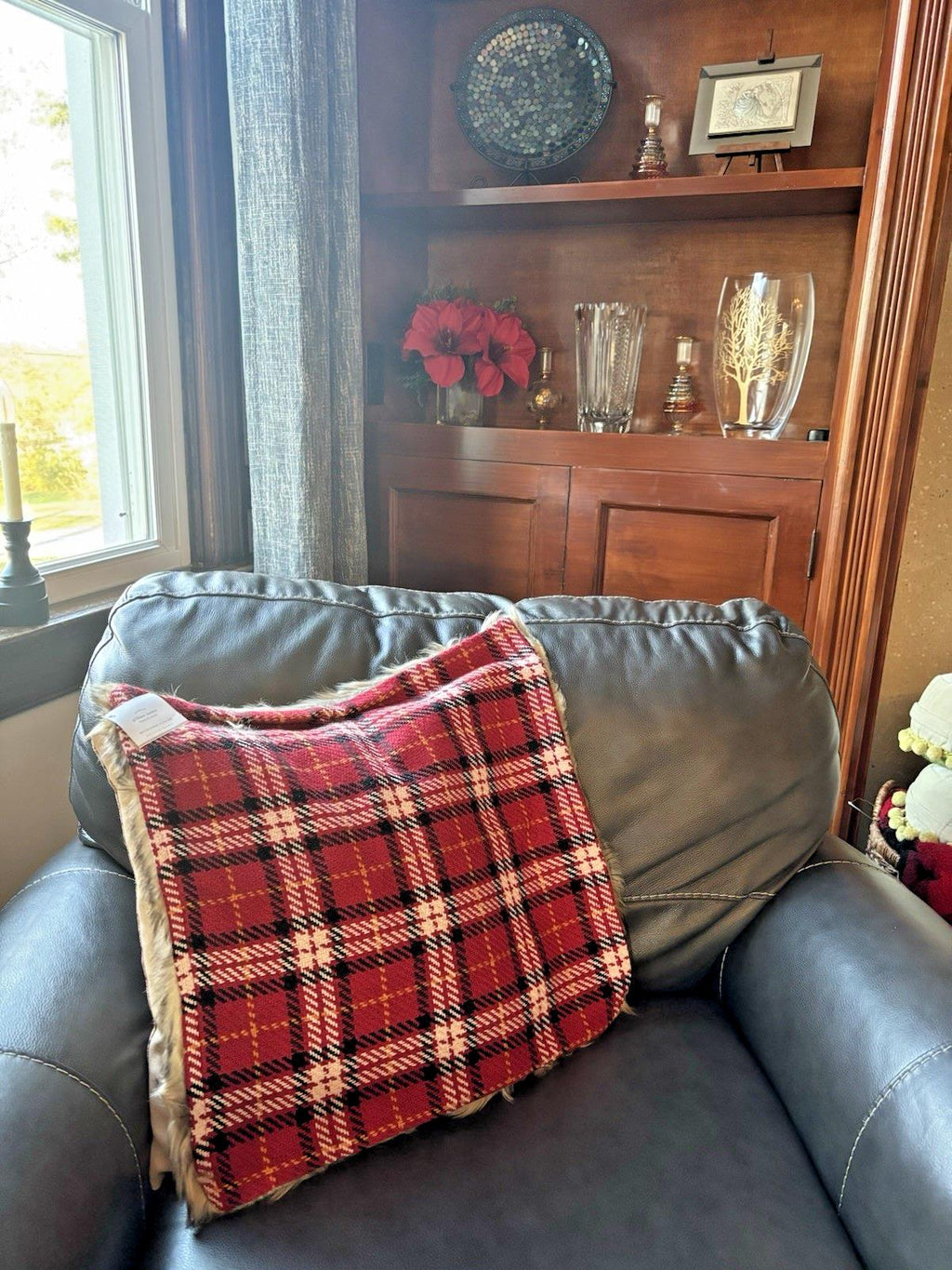 Pottery Barn Christmas pillow Cover Sham plaid red Fur Holiday Gift party mom 1