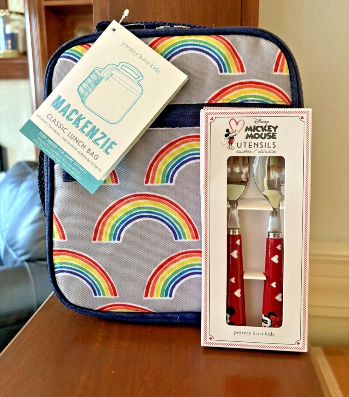 Pottery Barn LUNCH BOX BAG Mickey Mouse school+ Utensil Disney Rainbow party /