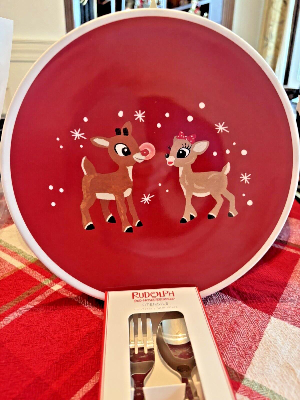 Pottery Barn holiday Rudolph Reindeer Disney Christmas PLATE UTENSIL party kid [