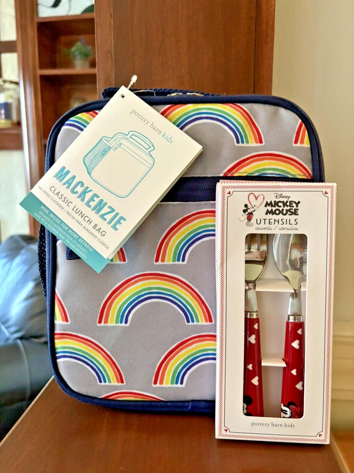 Pottery Barn LUNCH BOX BAG Mickey Mouse school+ Utensil Disney Rainbow party /