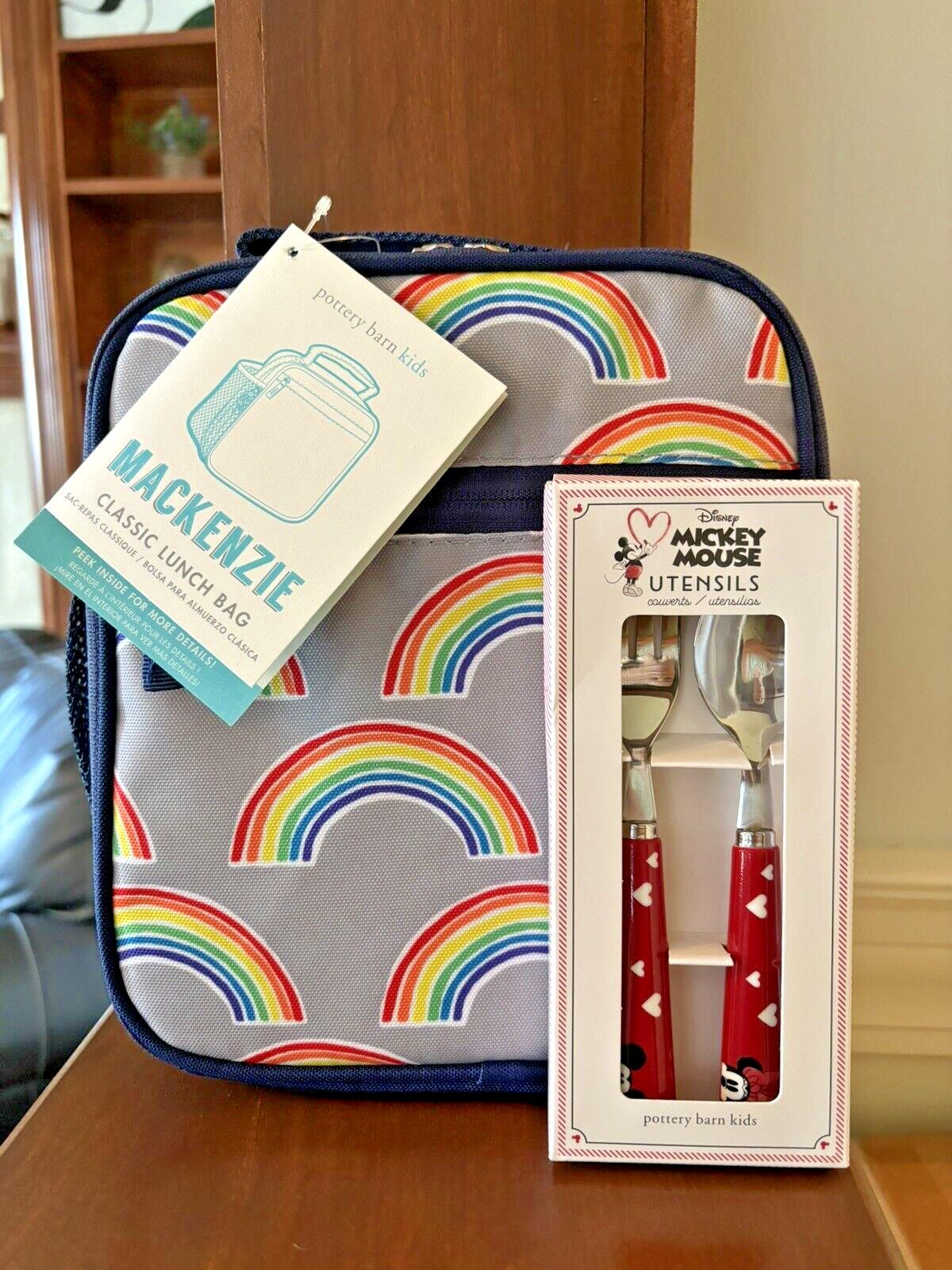 Pottery Barn LUNCH BOX BAG Mickey Mouse school+ Utensil Disney Rainbow party /