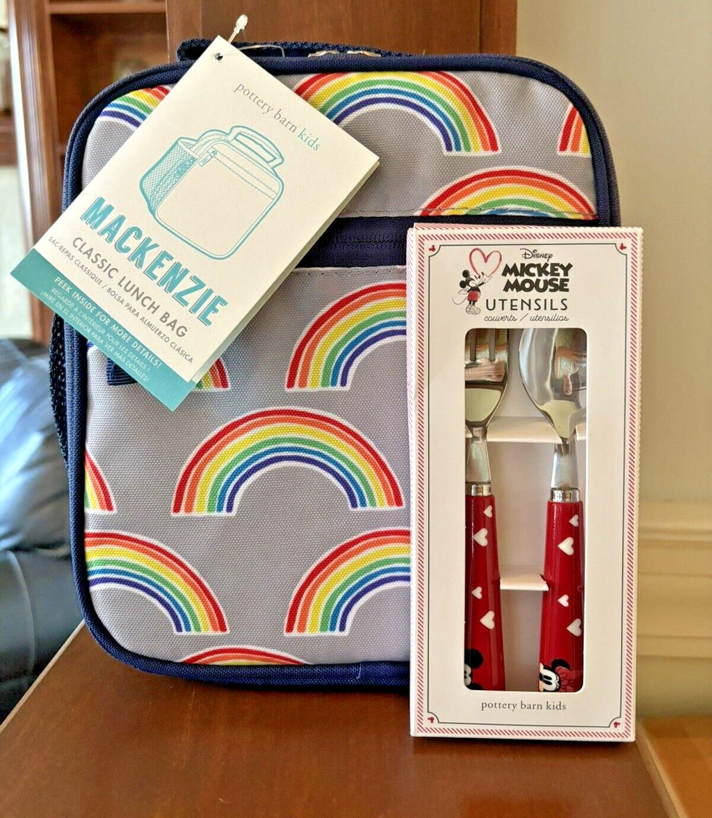 Pottery Barn LUNCH BOX BAG Mickey Mouse school+ Utensil Disney Rainbow party /
