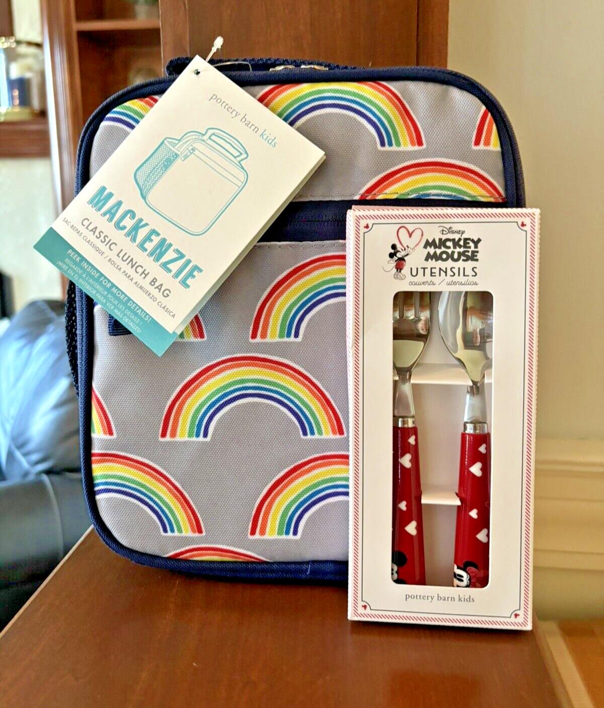 Pottery Barn LUNCH BOX BAG Mickey Mouse school+ Utensil Disney Rainbow party /