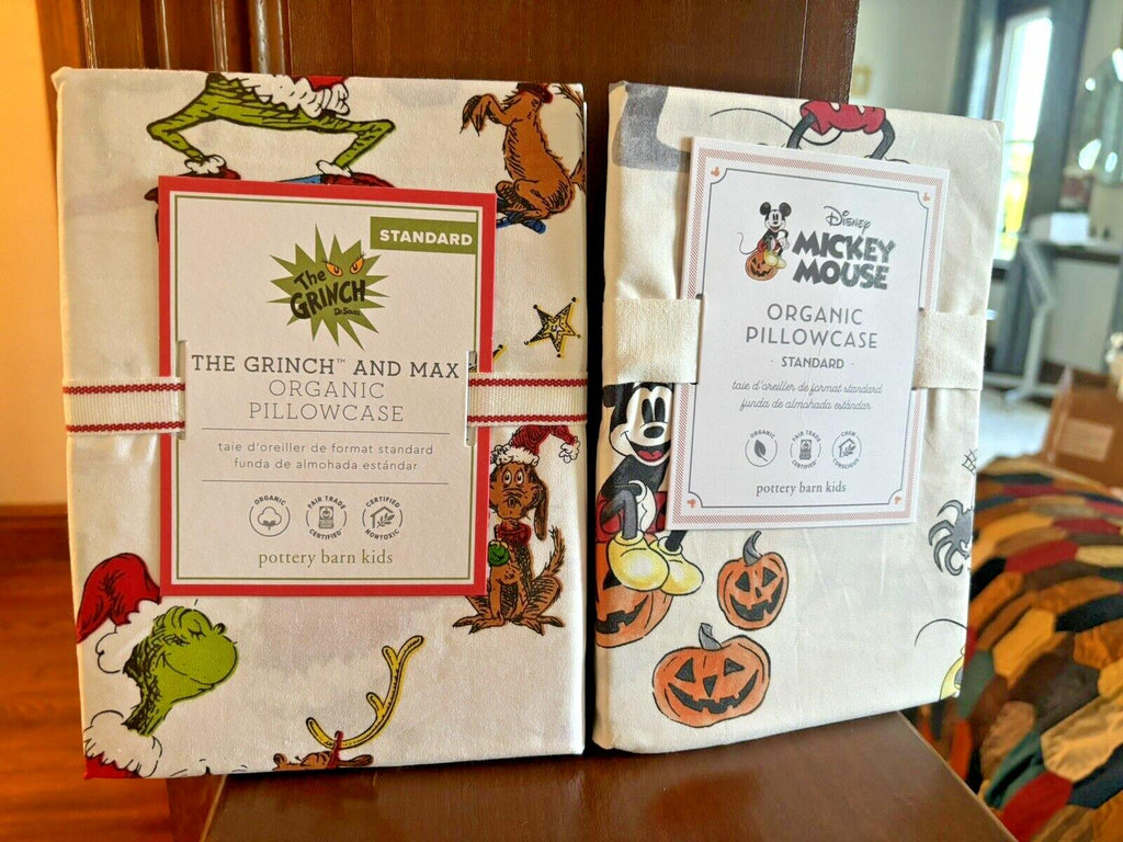 Pottery Barn Grinch Mickey Christmas Seuss Holiday Disney Kid Pillowcase SET 2 `