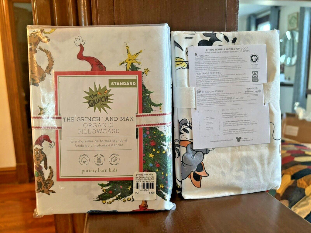 Pottery Barn Grinch Mickey Christmas Seuss Holiday Disney Kid Pillowcase SET 2 `