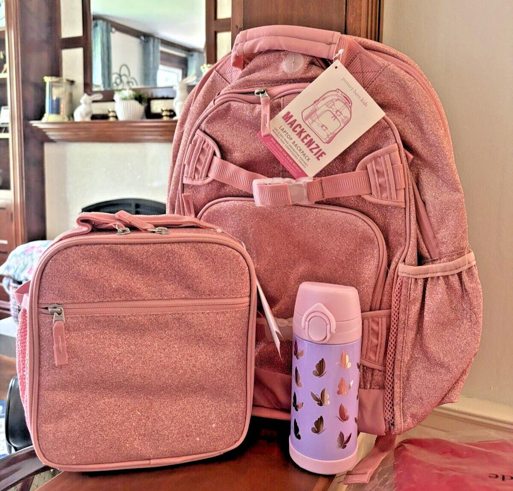Pottery Barn school Disney Glitter LARGE BACKPACK+LUNCH BAG +WATER Travel set .