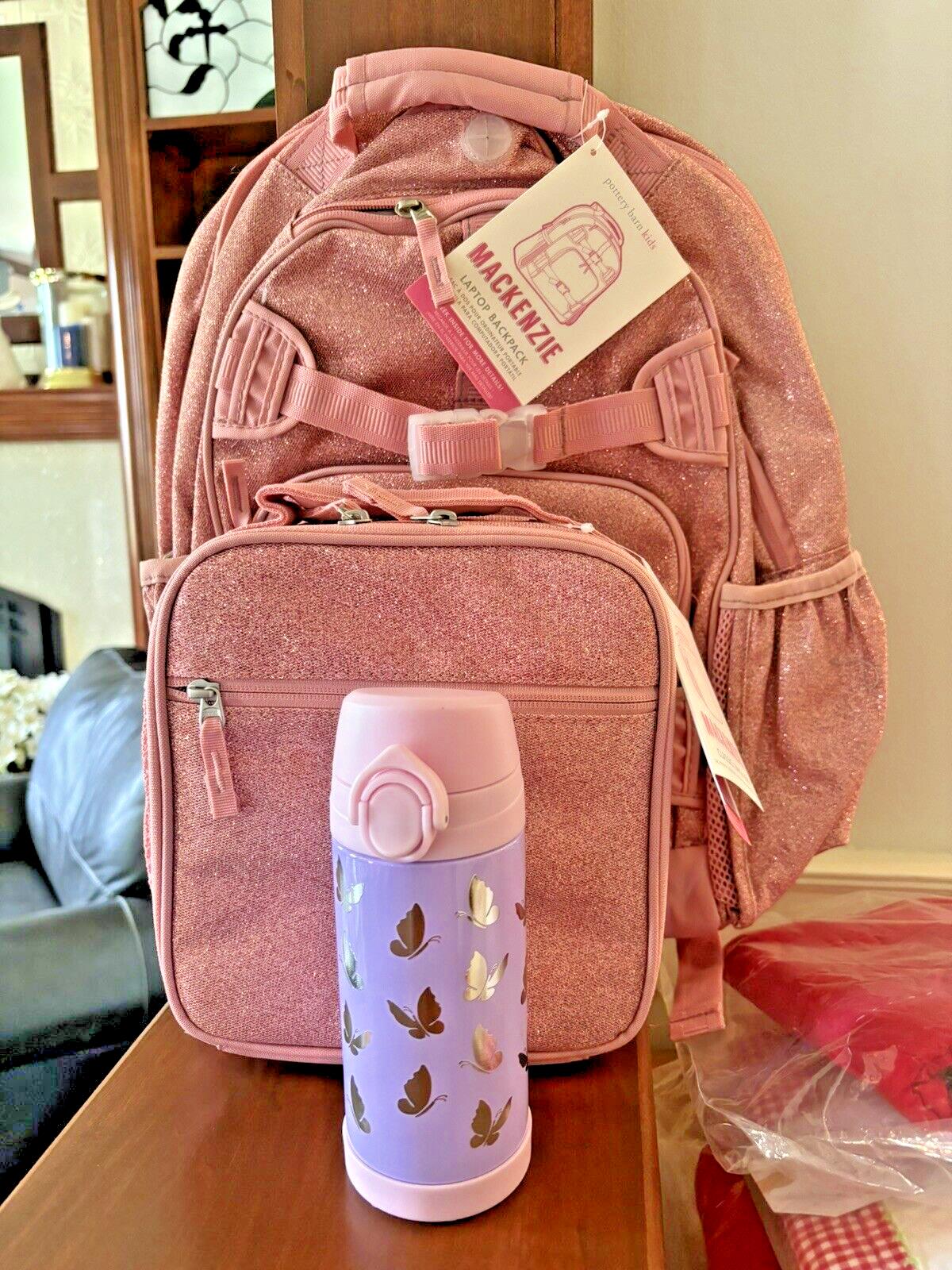 Pottery Barn school Disney Glitter LARGE BACKPACK+LUNCH BAG +WATER Travel set .