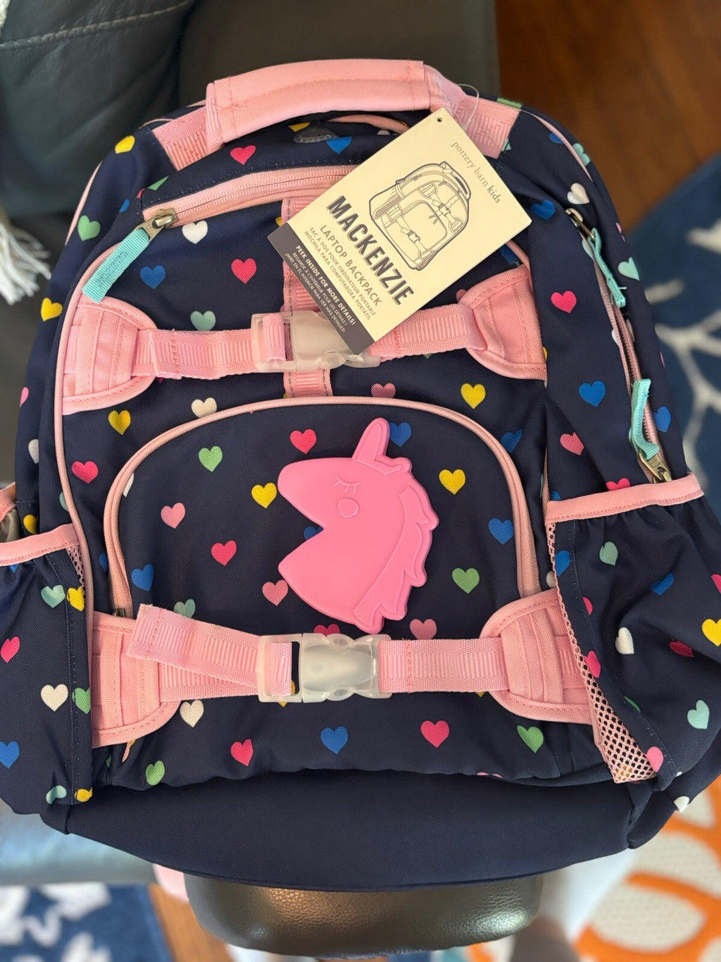 Disney School Pottery barn LARGE backpack rainbow heart+ Unicorn bag Travel ?? .