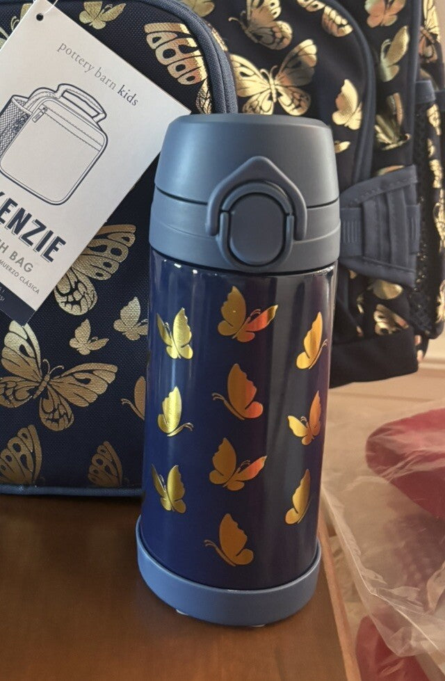 Pottery Barn School Disney rainbow WATER BOTTLE Travel girl butterfly gold ?? "