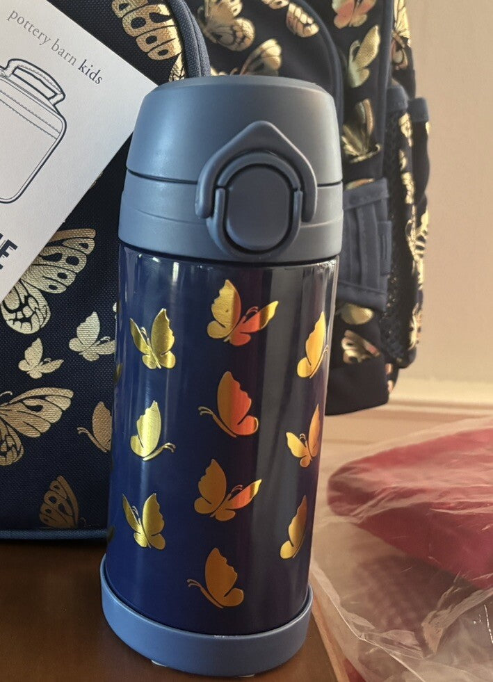 Pottery Barn School Disney rainbow WATER BOTTLE Travel girl butterfly gold ?? "