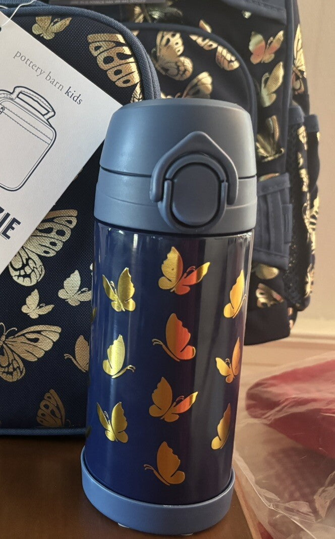 Pottery Barn School Disney rainbow WATER BOTTLE Travel girl butterfly gold ?? "