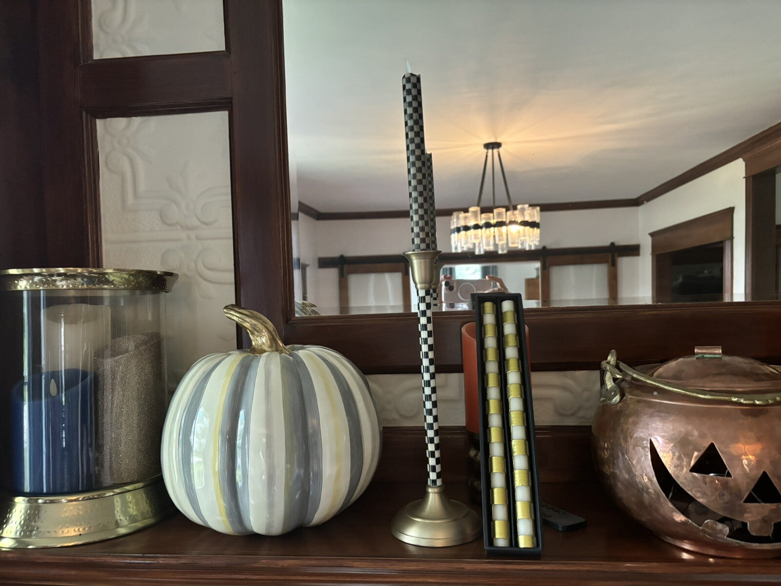 Mackenzie Childs Checked table candle taper Gold holiday Christmas gift SET 2 [