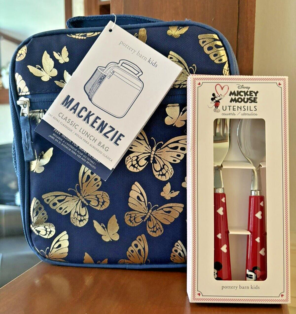 Pottery Barn Glitter LUNCH BOX BAG Mickey Utensil Set school Disney butterfly ./