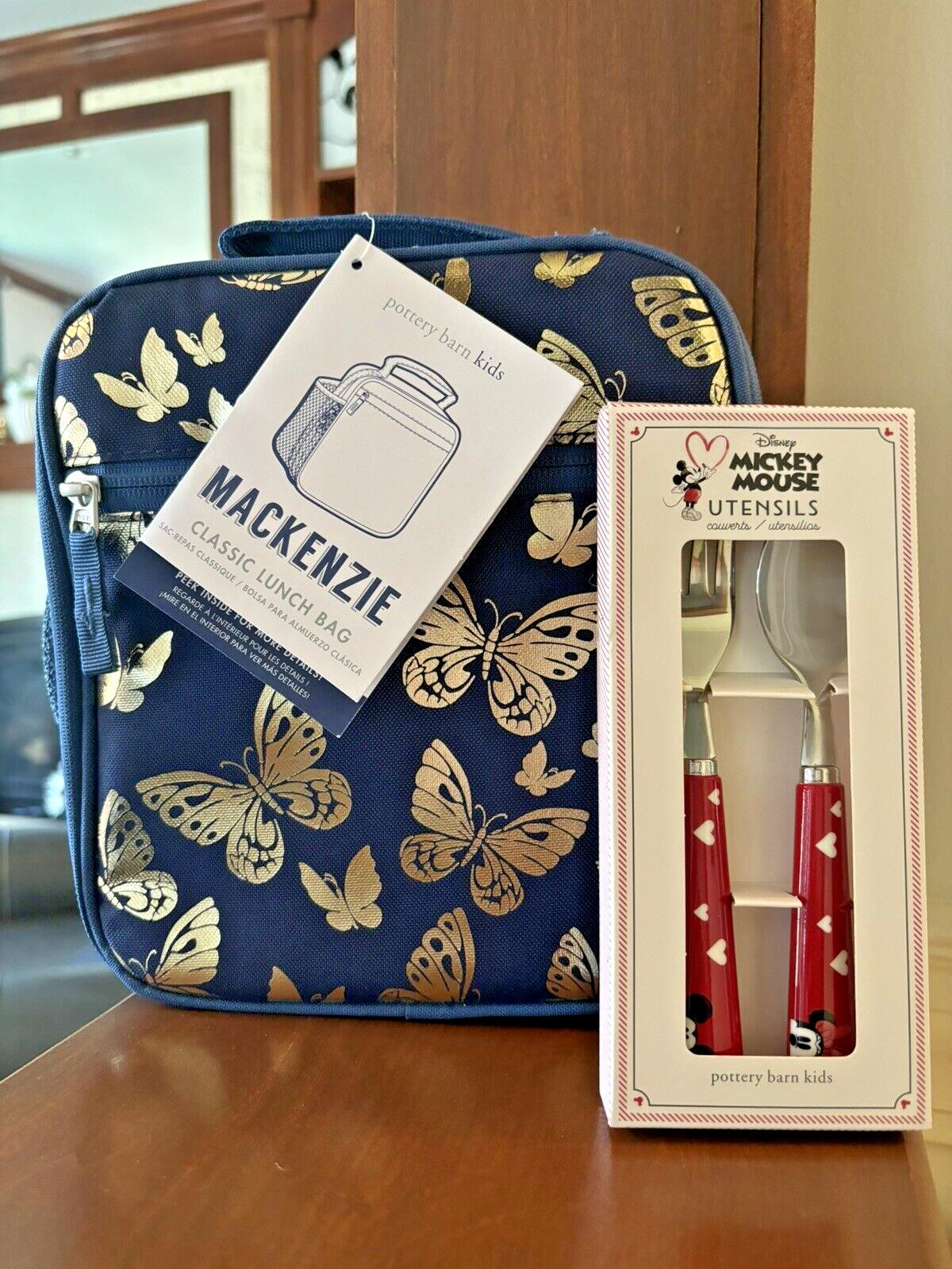 Pottery Barn Glitter LUNCH BOX BAG Mickey Utensil Set school Disney butterfly ./