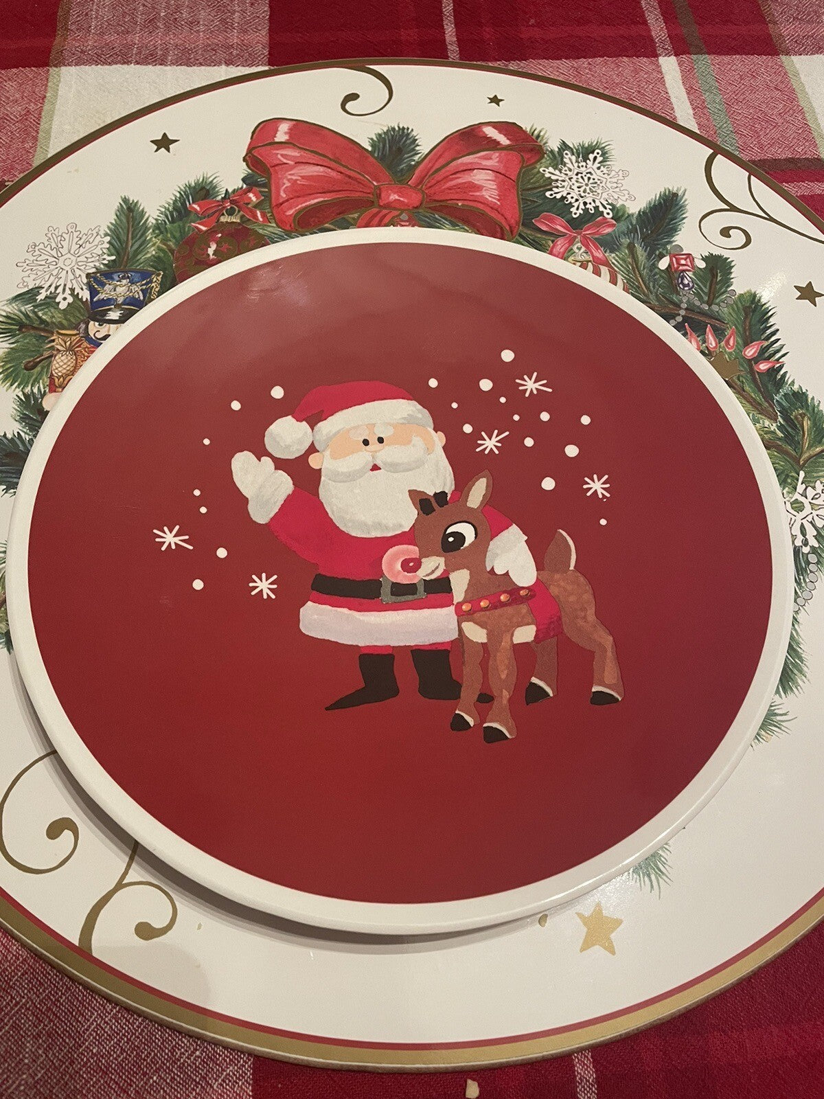 Pottery Barn holiday Christmas DINNER SET Plate Rudolph party Santa plaid gift