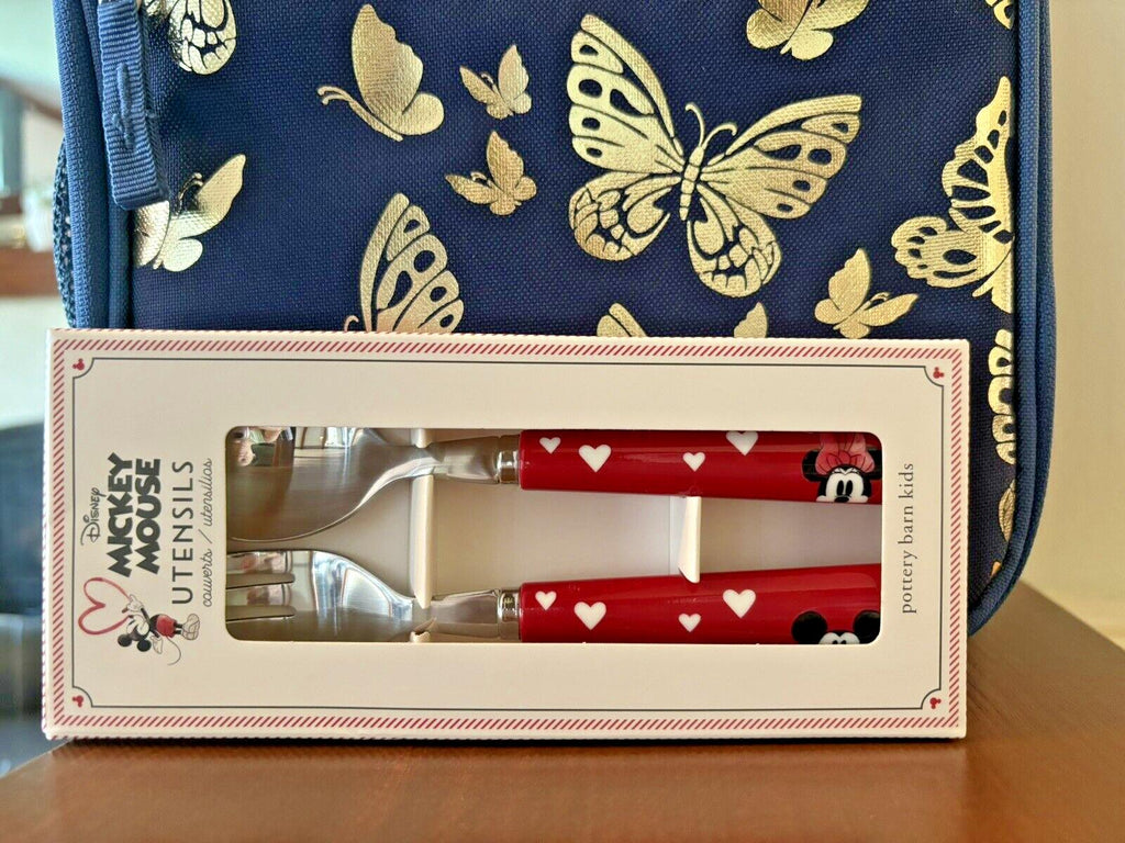 Pottery Barn Glitter LUNCH BOX BAG Mickey Utensil Set school Disney butterfly ./