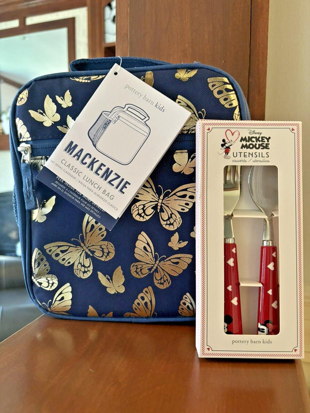 Pottery Barn Glitter LUNCH BOX BAG Mickey Utensil Set school Disney butterfly ./