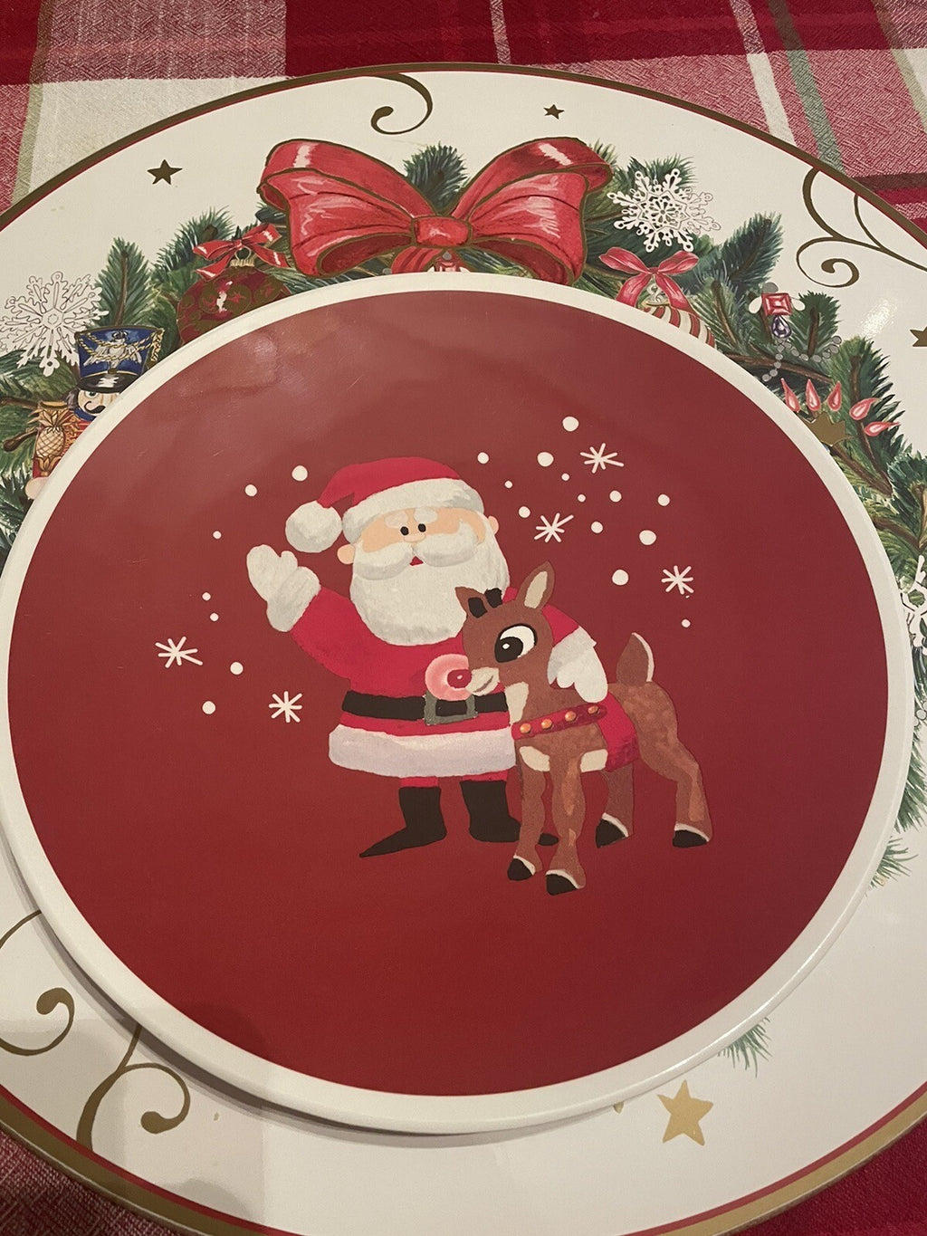 Pottery Barn holiday Christmas DINNER SET Plate Rudolph party Santa plaid gift
