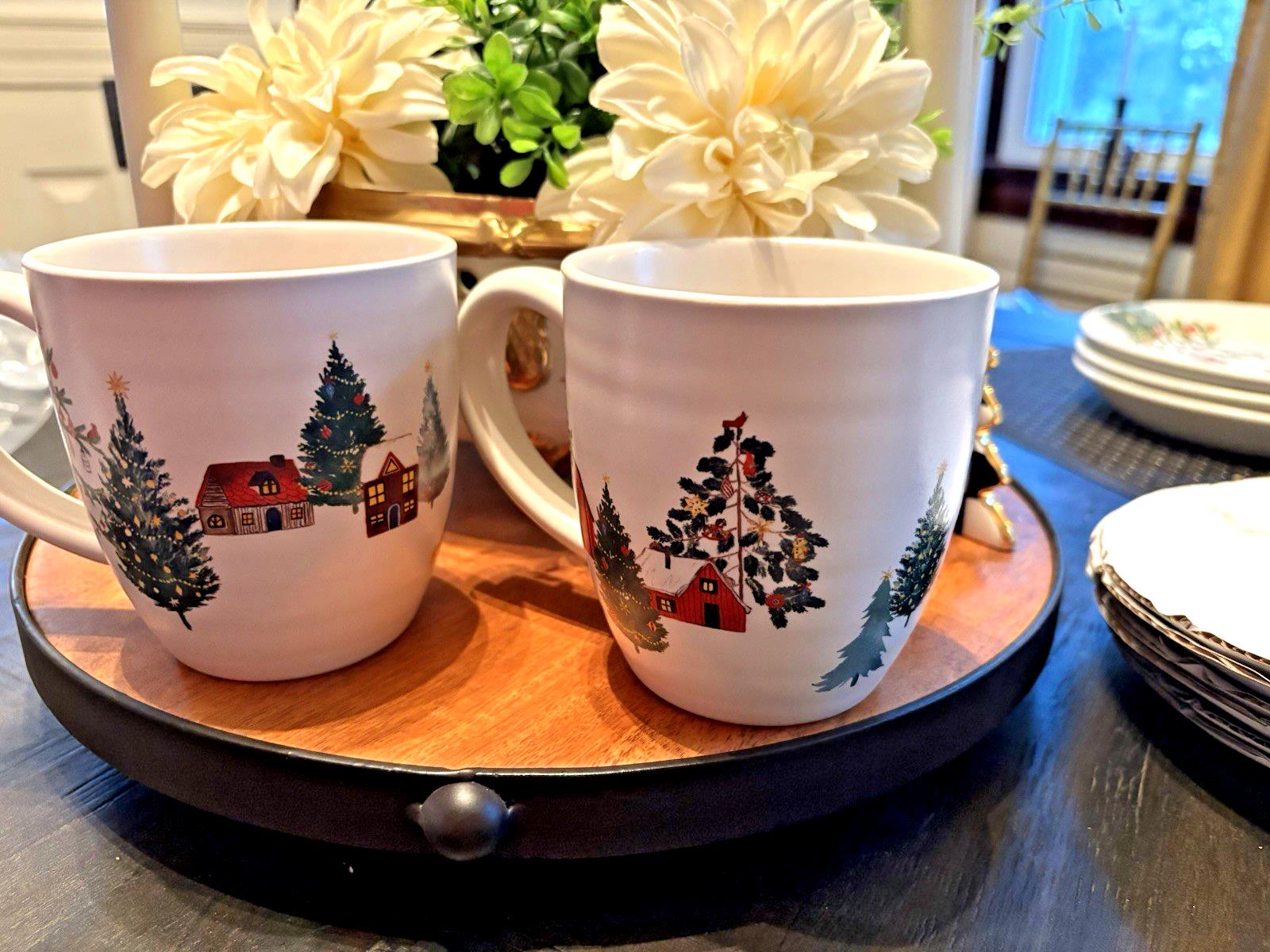 pottery barn Santa Mug Christmas Country tree holiday gift coffee cup SET 2