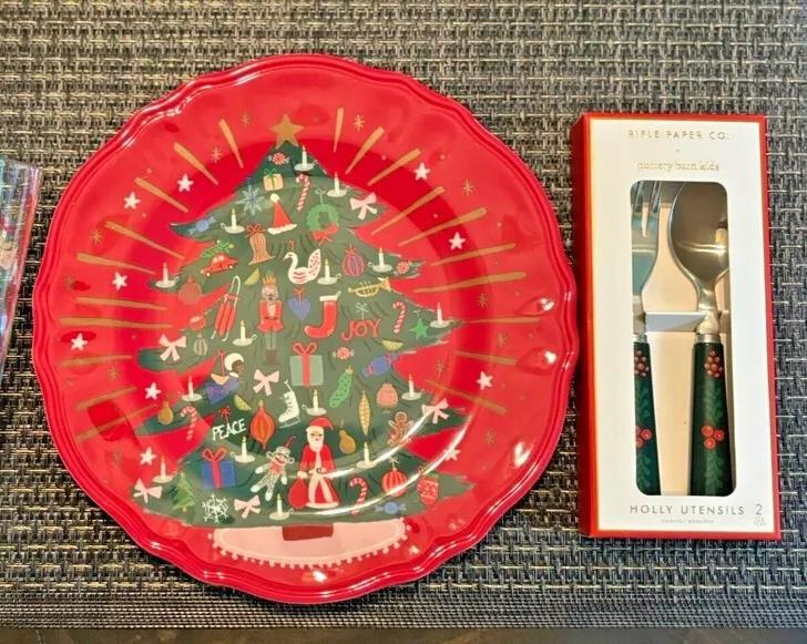 Pottery Barn Nutcracker Christmas Candy Cane PLATE + UTENSIL holiday PARTY SET