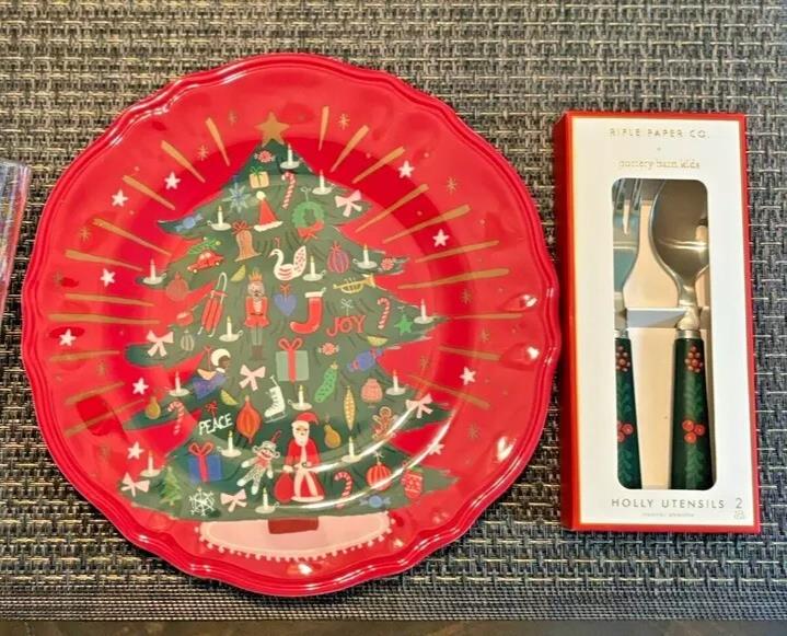 Pottery Barn Nutcracker Christmas Candy Cane PLATE + UTENSIL holiday PARTY SET