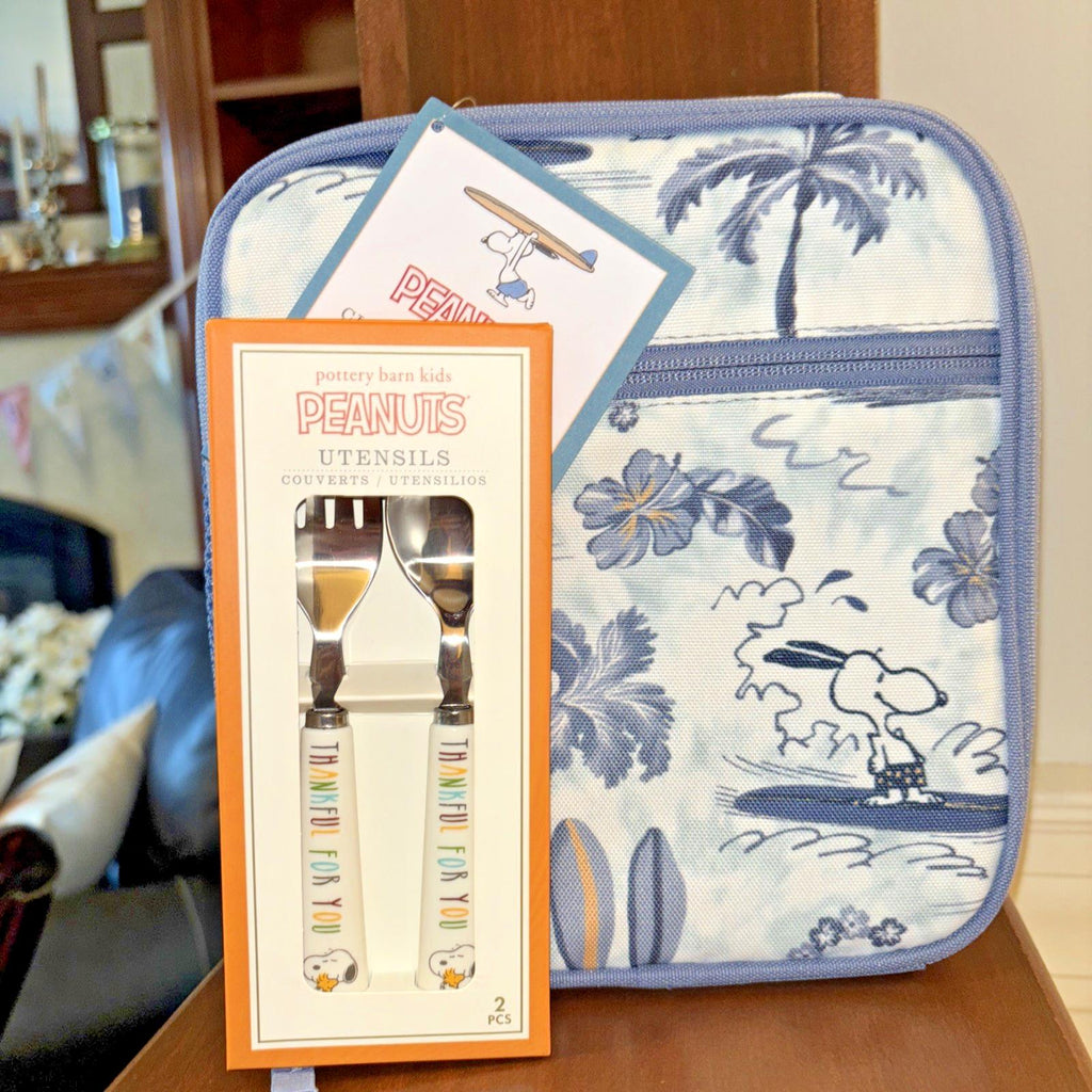 SNOOPY Pottery barn school LUNCH BOX Bag+Utensil Peanuts Disney Beach pre-k .