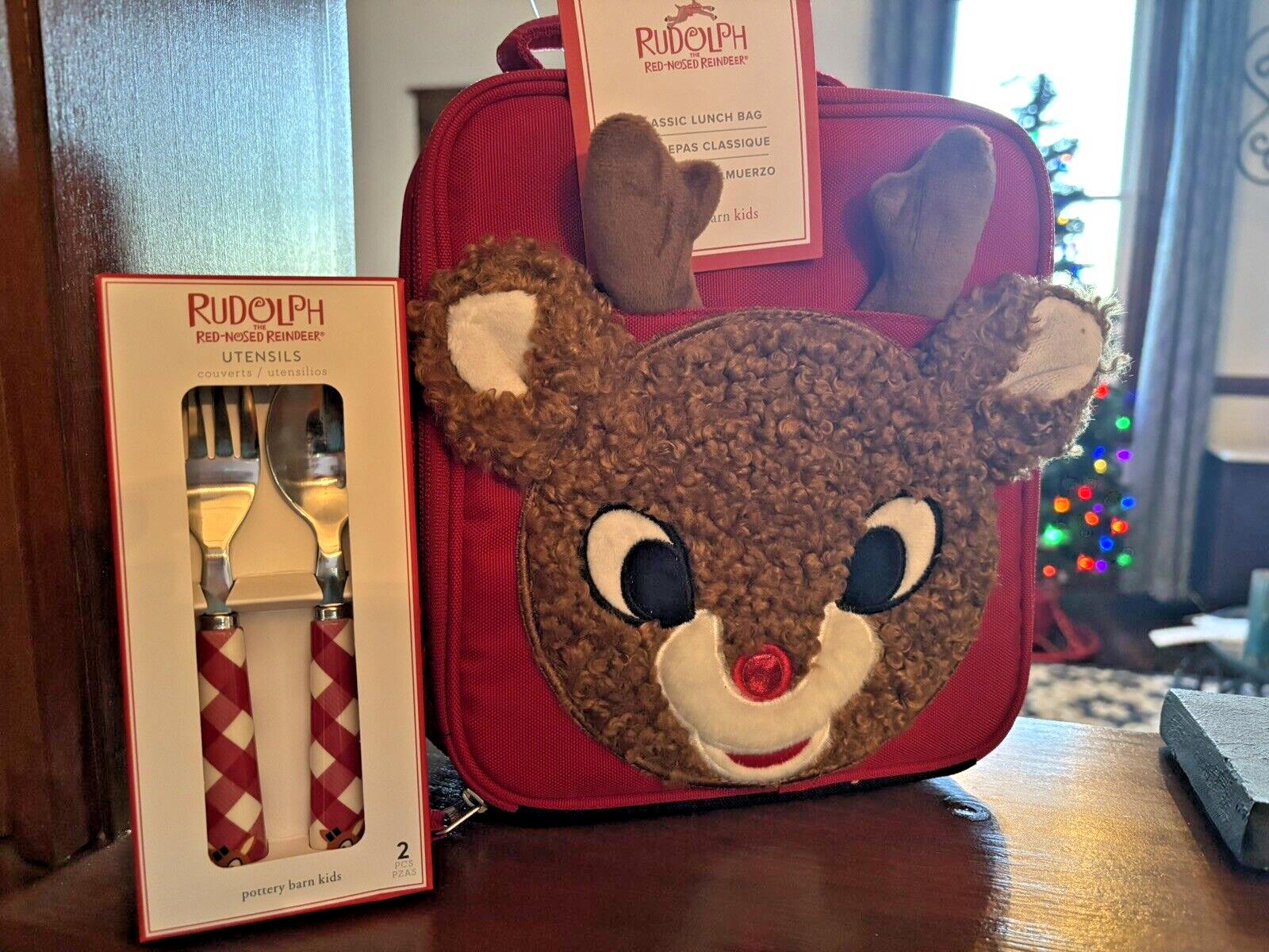 School Pottery barn Christmas holiday RUDOLPH LUNCH BOX BAG+Utensil gift pre -