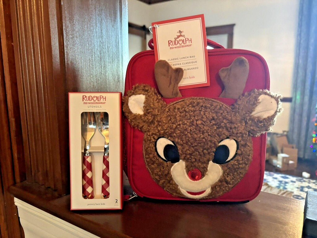 School Pottery barn Christmas holiday RUDOLPH LUNCH BOX BAG+Utensil gift pre -