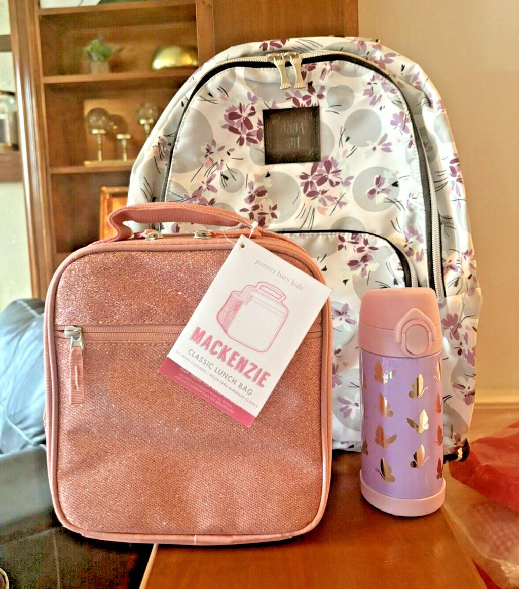 School pottery barn Anna Sui Floral backpack + Lunch Box bag +Butterfly Water .
