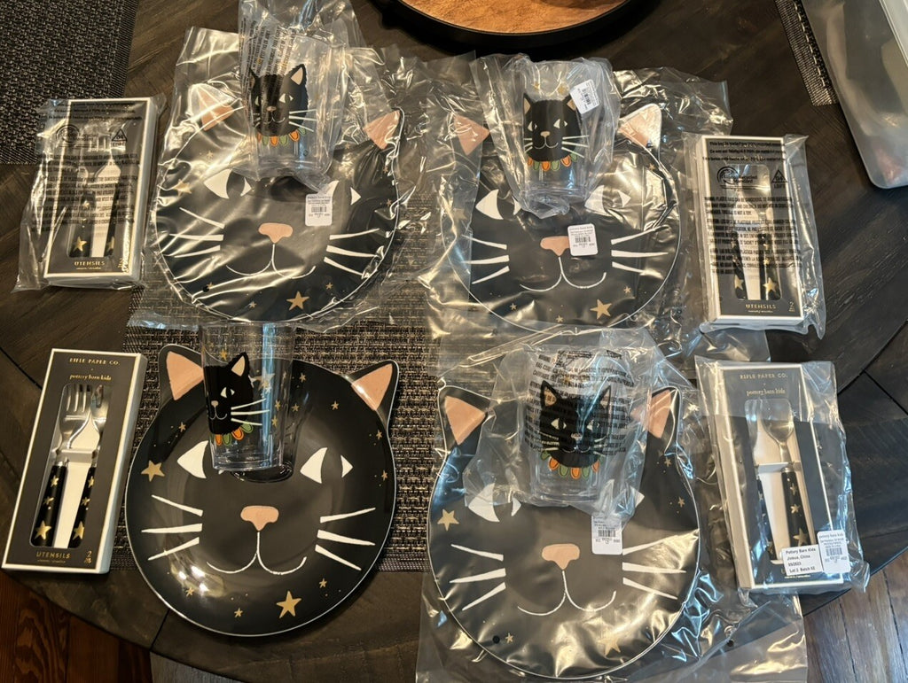 Pottery Barn Disney PLATE+UTENSIL+CUP Halloween Holiday party black cat SET 12 ]