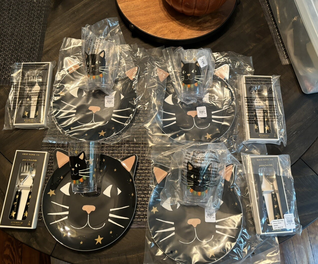 Pottery Barn Disney PLATE+UTENSIL+CUP Halloween Holiday party black cat SET 12 ]
