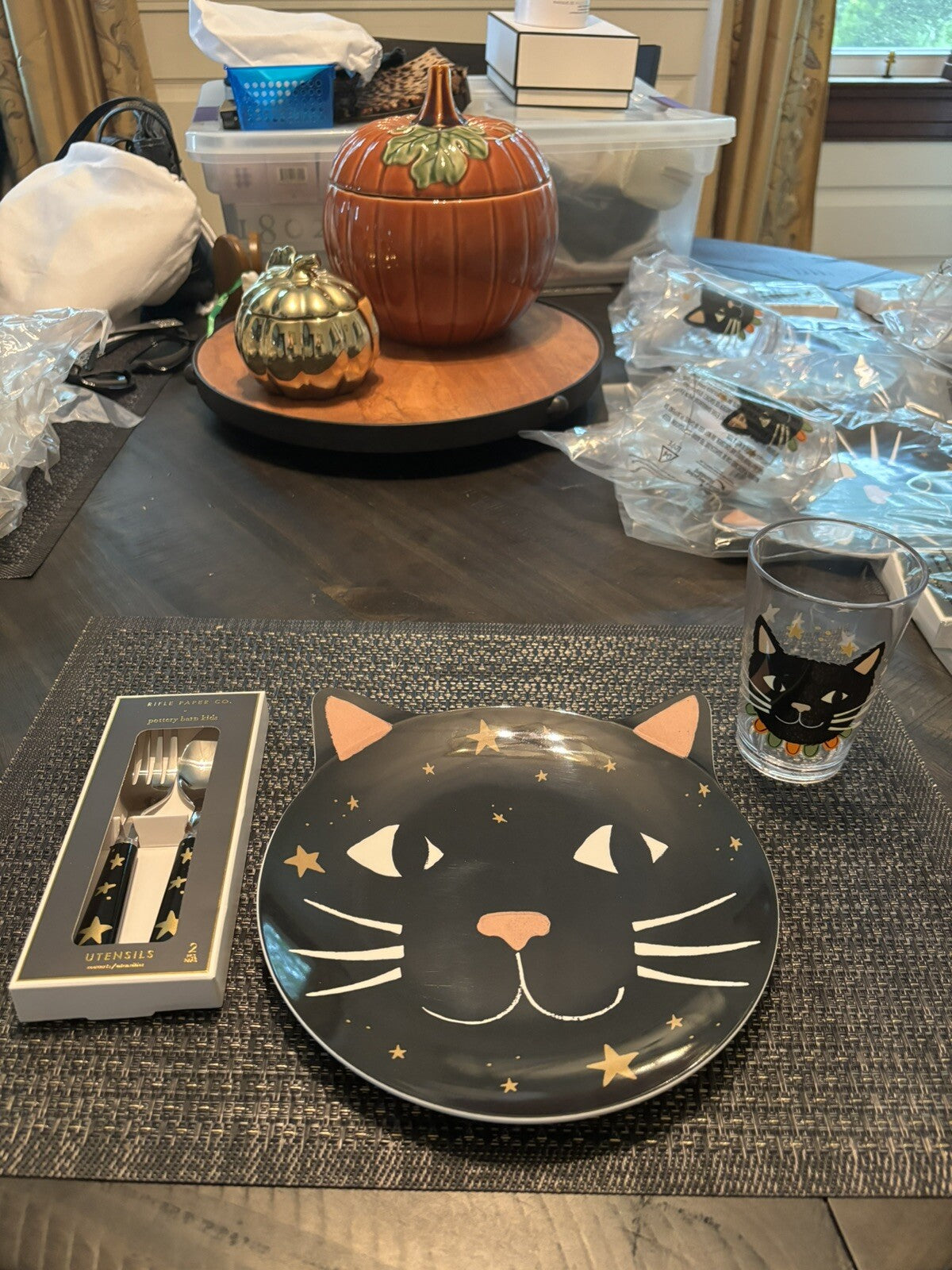 Pottery Barn Disney PLATE+UTENSIL+CUP Halloween Holiday party black cat SET 12 ]