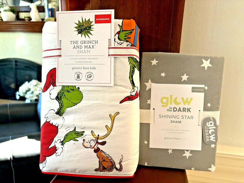 Pottery Barn GRINCH SHAM STAR Christmas Holiday Dr Seuss MAX kids school SET 2