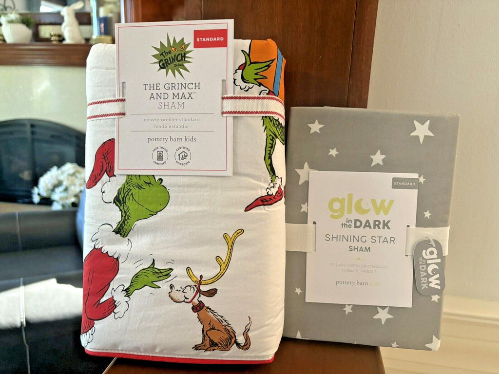 Pottery Barn GRINCH SHAM STAR Christmas Holiday Dr Seuss MAX kids school SET 2