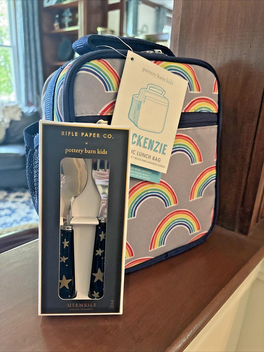 Pottery Barn LUNCH BOX BAG School + Utensil Set Disney Star Gold Rainbow party [