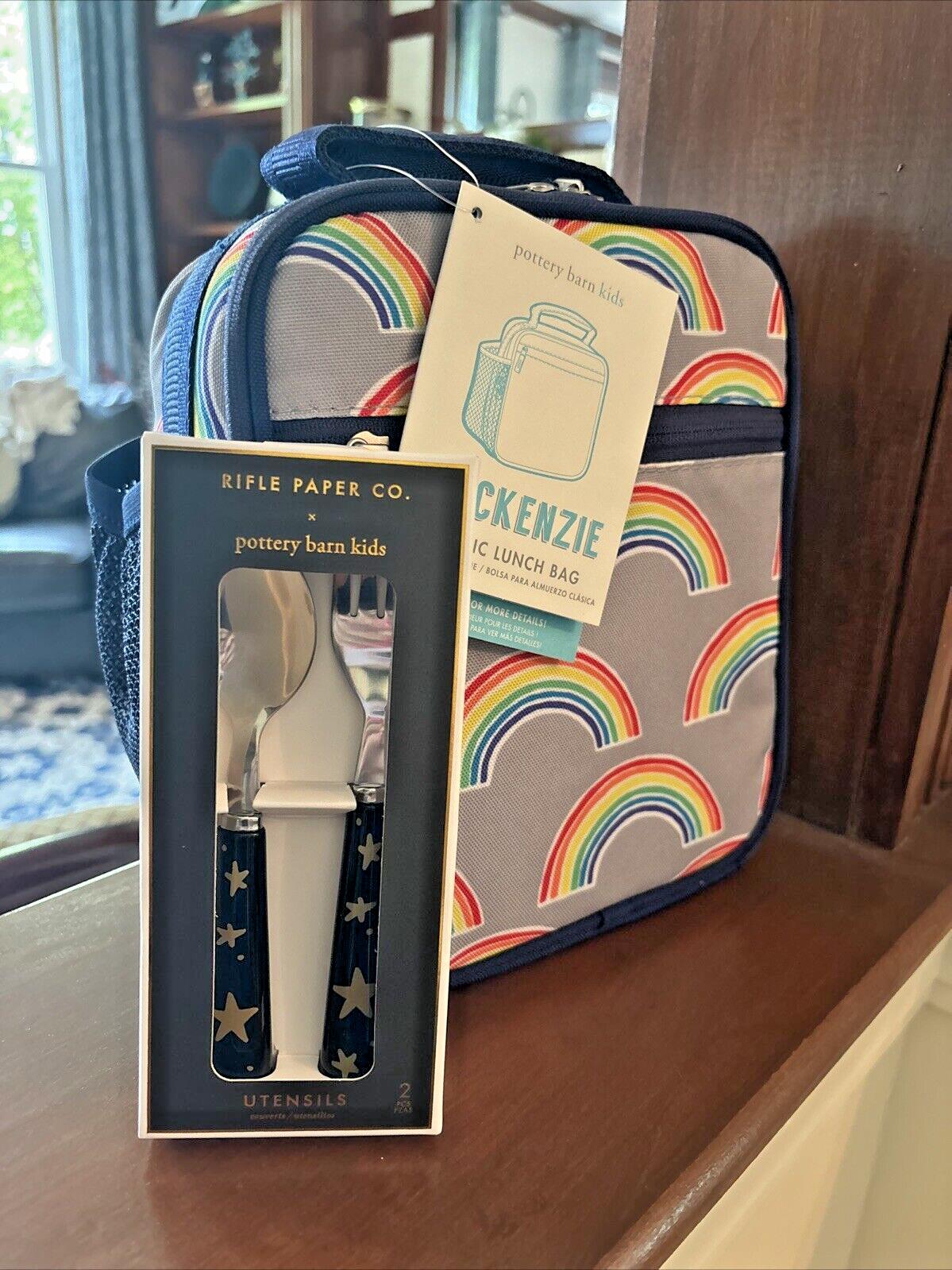 Pottery Barn LUNCH BOX BAG School + Utensil Set Disney Star Gold Rainbow party [