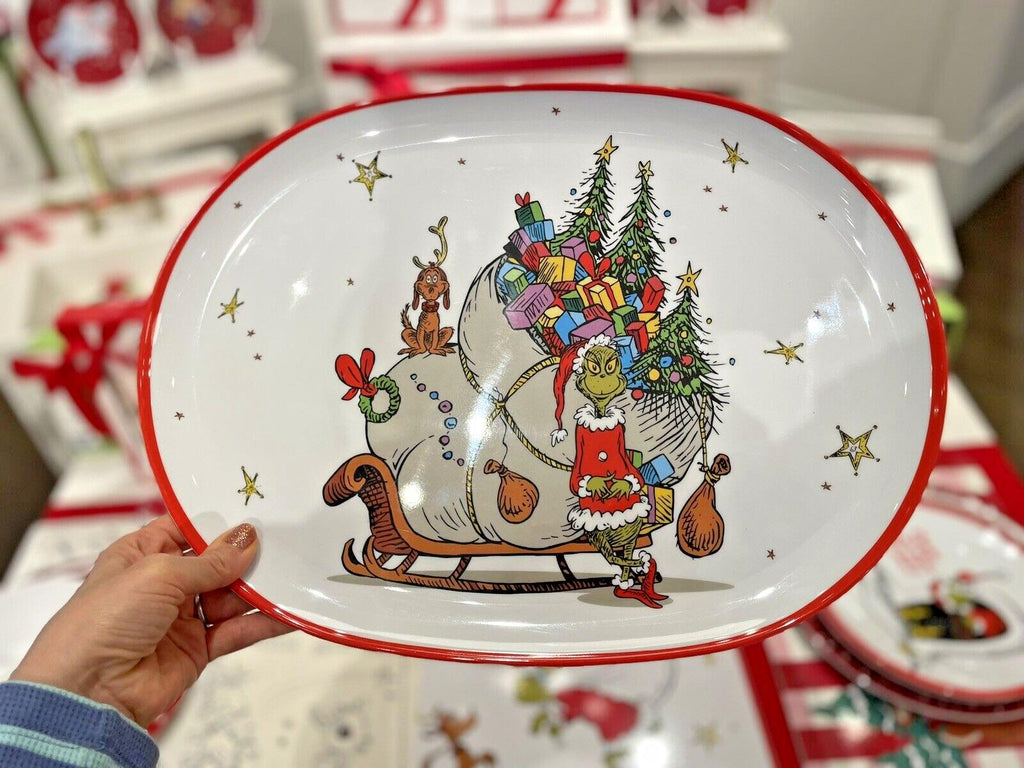 Pottery Barn GRINCH PLATTER Holiday Tray party Dr Seuss Christmas Disney plate b