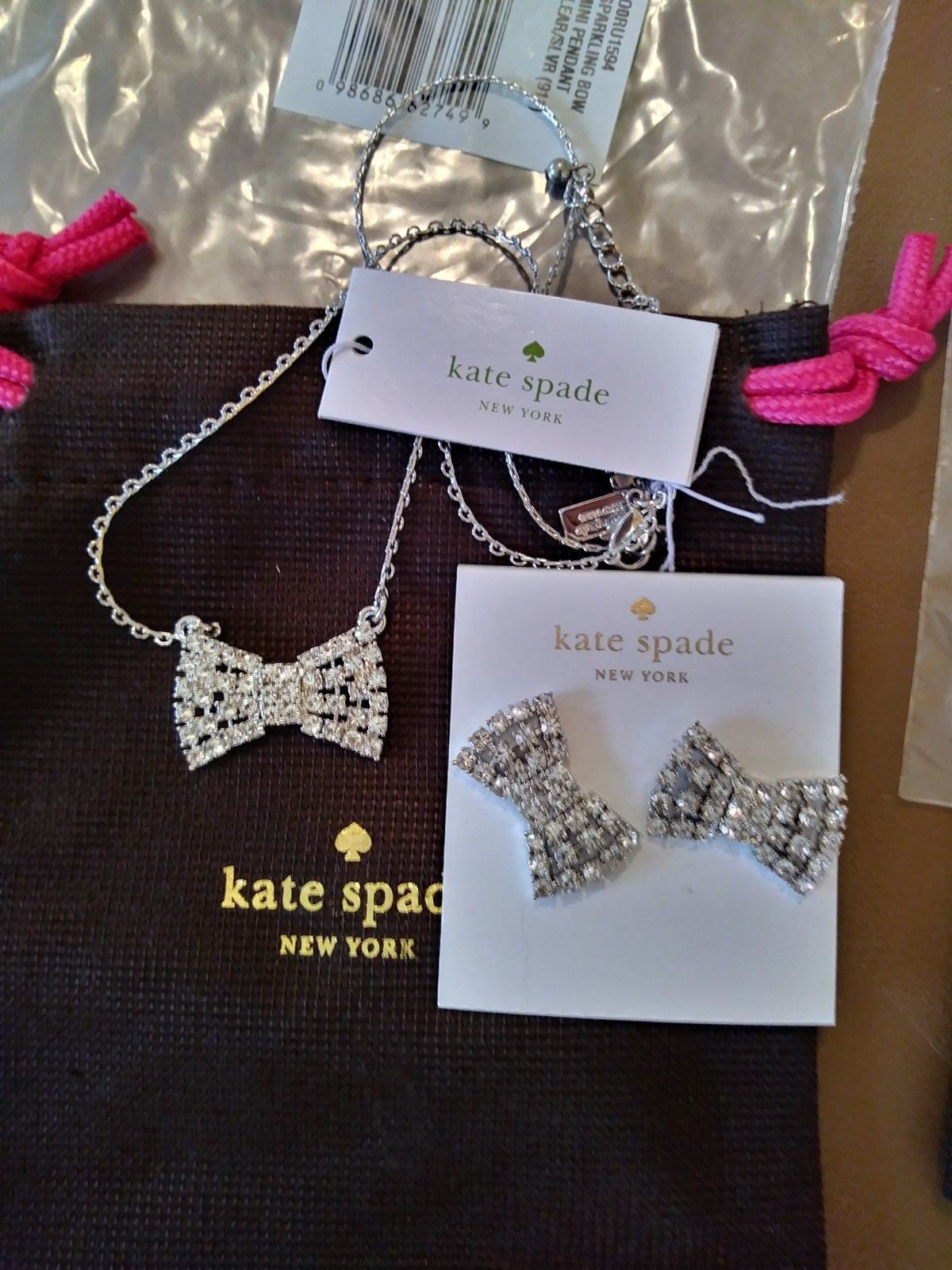 Kate Spade Bow diamond Earrings + Necklace Wedding Disney Holiday gift ?? $189 -