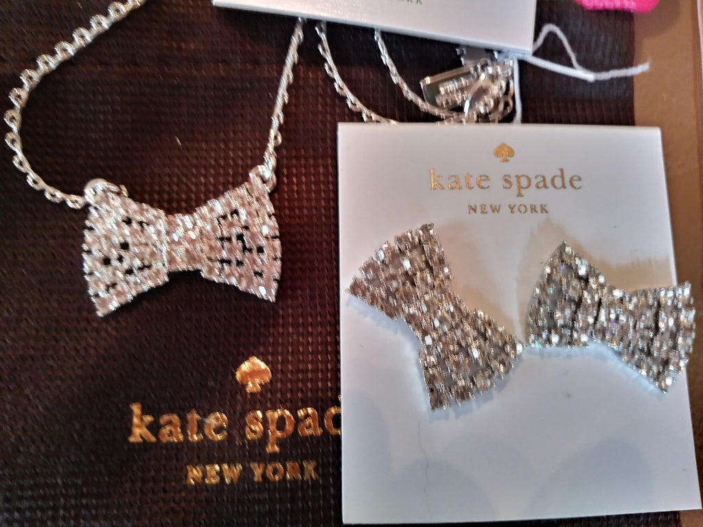 Kate Spade Bow diamond Earrings + Necklace Wedding Disney Holiday gift ?? $189 -